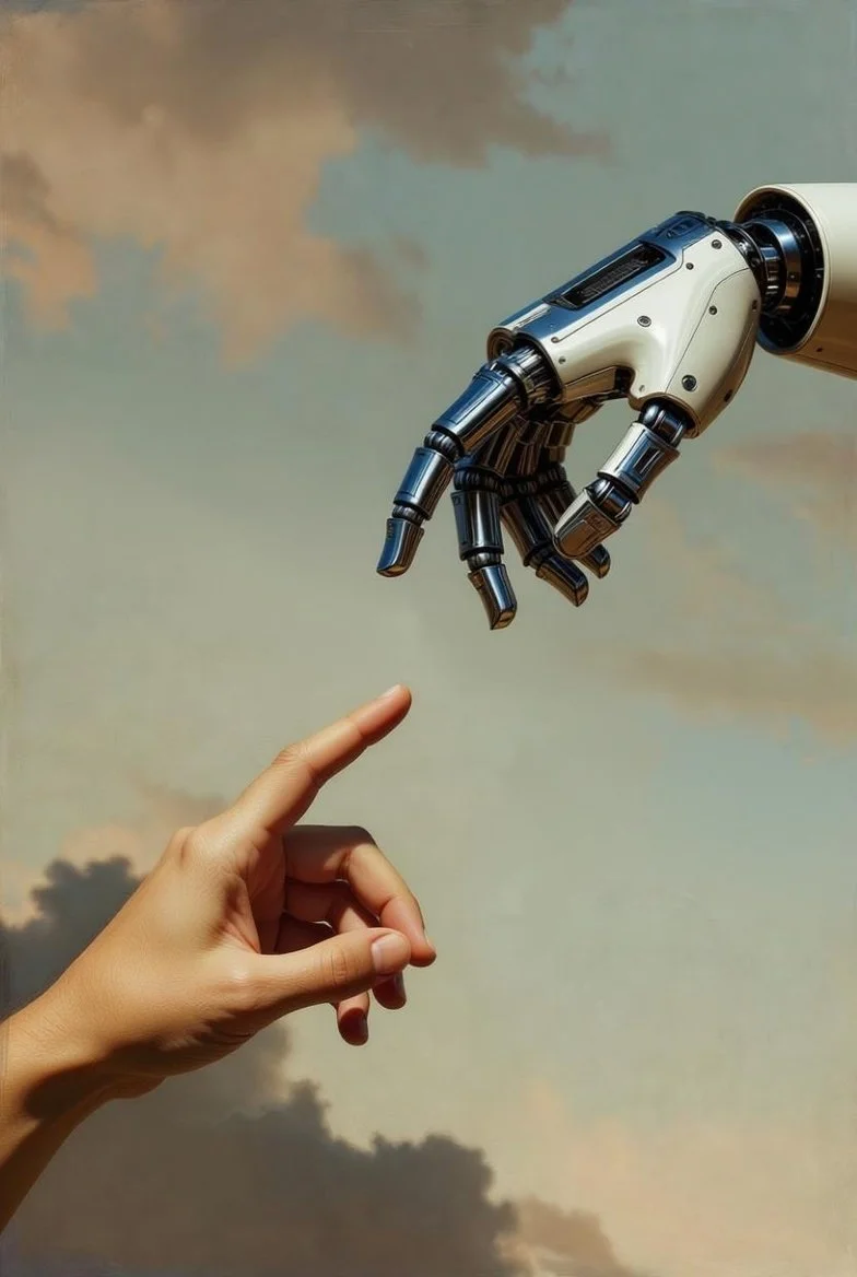 A robotic hand and a human hand reaching toward each other